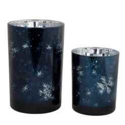 Melrose Set Of 2 Blue And Silver Snowflakes Printed Christmas Candle Holders 7"