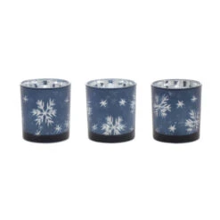 Melrose Set Of 3 Blue And Silver Snowflake Christmas Votive Candle Holders 3"