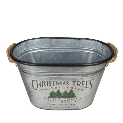 11" Silver Oval Christmas Tree Bucket With Jute Rope 1 11" Silver Oval Christmas Tree Bucket With Jute Rope