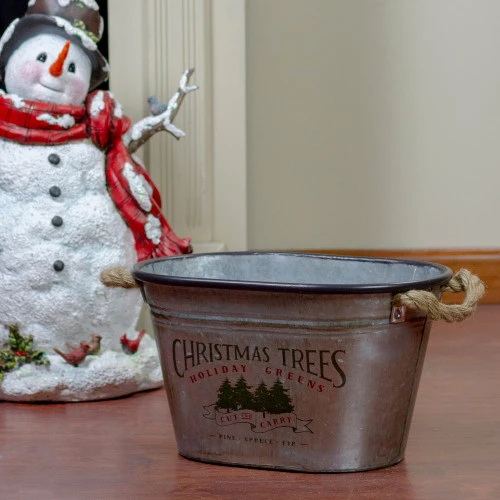 11" Silver Oval Christmas Tree Bucket With Jute Rope 2 11" Silver Oval Christmas Tree Bucket With Jute Rope - Image 2