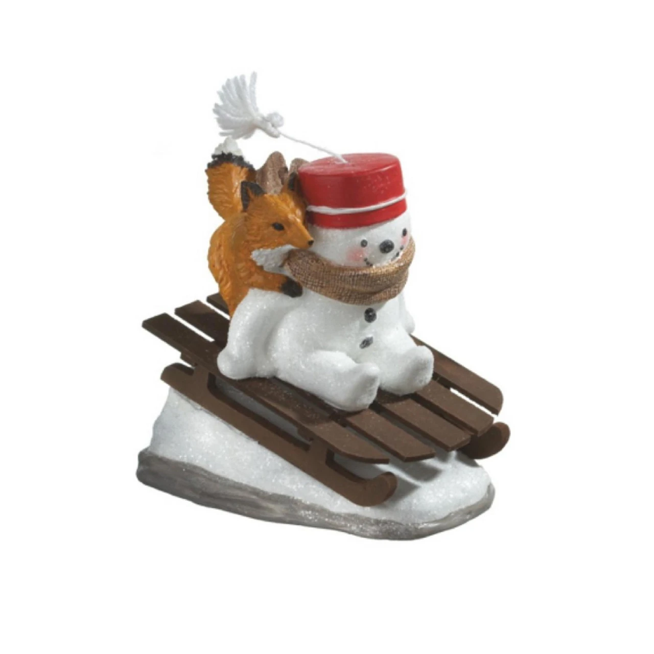 8" White And Red Snowman Riding Sled With Fox Christmas Tabletop Figurine 1 8" White And Red Snowman Riding Sled With Fox Christmas Tabletop Figurine