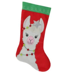 20" Red And Green Christmas Stocking With Festive Llama With Pom Garland Applique