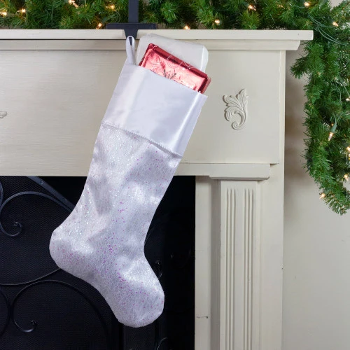 Northlight 22.25" White With Pink Iridescent Glitter Christmas Stocking With Satin Cuff 2 Northlight 22.25" White With Pink Iridescent Glitter Christmas Stocking With Satin Cuff - Image 2