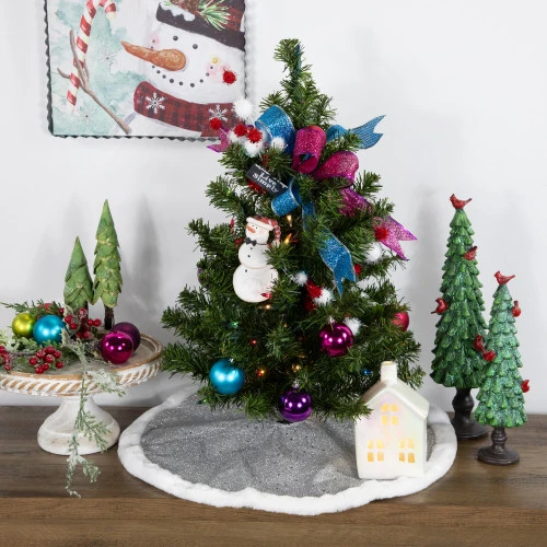 Northlight 20" Silver Glittered Mini Christmas Tree Skirt With White Fur Trim 2 Northlight 20" Silver Glittered Mini Christmas Tree Skirt With White Fur Trim - Image 2