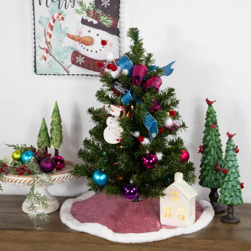 Northlight 20" Pink Glittered Mini Christmas Tree Skirt With White Fur Trim 2 Northlight 20" Pink Glittered Mini Christmas Tree Skirt With White Fur Trim - Image 2