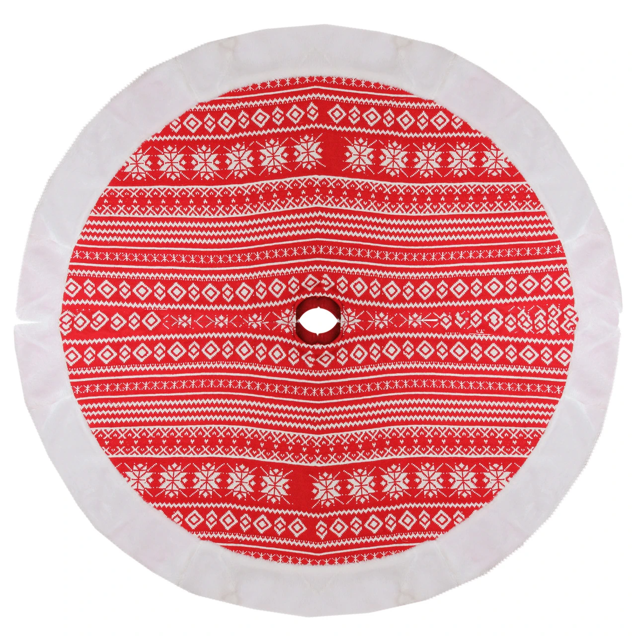 Northlight 48" Red And White Knitted Snowflake Christmas Tree Skirt With Faux Fur Trim 1 Northlight 48" Red And White Knitted Snowflake Christmas Tree Skirt With Faux Fur Trim