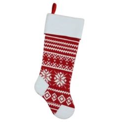 Northlight 21.5" Red And White Knitted Snowflake Christmas Stocking With Fleece Cuff