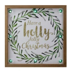 Northlight 11.75" Lighted "Holly Jolly" With A Green Wreath Wood Christmas Plaque