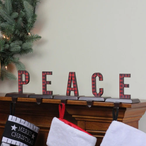 Northlight 5 Piece Set Red And Black Buffalo Plaid “PEACE” Christmas Stocking Holder 6" 3 Northlight 5 Piece Set Red And Black Buffalo Plaid “PEACE” Christmas Stocking Holder 6" - Image 3