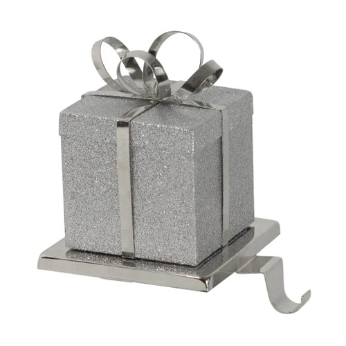 Northlight 5.5" Silver Glitter Gift Box With Bow Christmas Metal Stocking Holder 1 Northlight 5.5" Silver Glitter Gift Box With Bow Christmas Metal Stocking Holder
