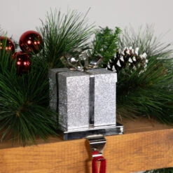 Northlight 5.5" Silver Glitter Gift Box With Bow Christmas Metal Stocking Holder 7 Northlight 5.5" Silver Glitter Gift Box With Bow Christmas Metal Stocking Holder -Christmas Decoration Store northlight wy15258 styled 2 03843.1691247510