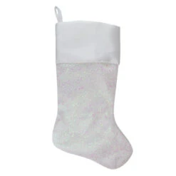 Northlight 22.25" White With Pink Iridescent Glitter Christmas Stocking With Satin Cuff