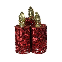 PENN 9" Red And Gold Flameless Sequin LED Lighted Christmas Pillar Candle Tabletop Decor