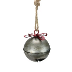 9.25" Gray And Red Round Rustic Finish Hanging Bell Christmas Ornament