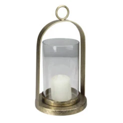 8.5” Antique-Styled Golden Weathered Christmas Pillar Candle Lantern