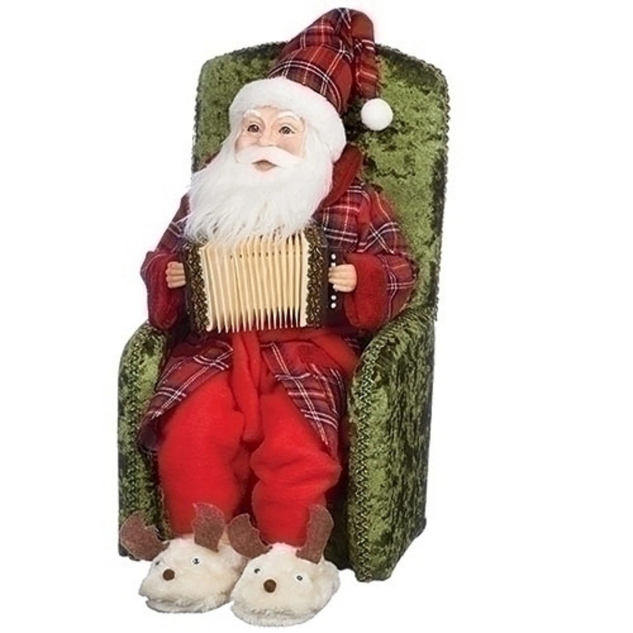 16” Musical Motion Santa In Red Robe Sitting On Chair 1 16” Musical Motion Santa In Red Robe Sitting On Chair