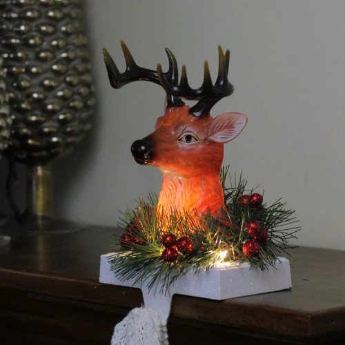 Roman 8" LED Lighted Reindeer And Holly Berry Christmas Stocking Holder 3 Roman 8" LED Lighted Reindeer And Holly Berry Christmas Stocking Holder - Image 3