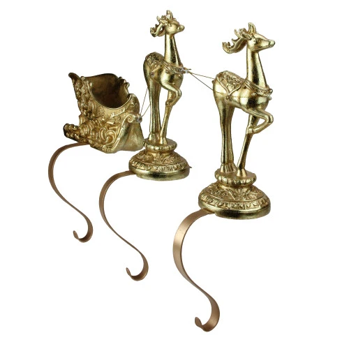 Roman 3-Piece Gold Weathered Reindeer And Sleigh Christmas Stocking Holder 2 Roman 3-Piece Gold Weathered Reindeer And Sleigh Christmas Stocking Holder - Image 2