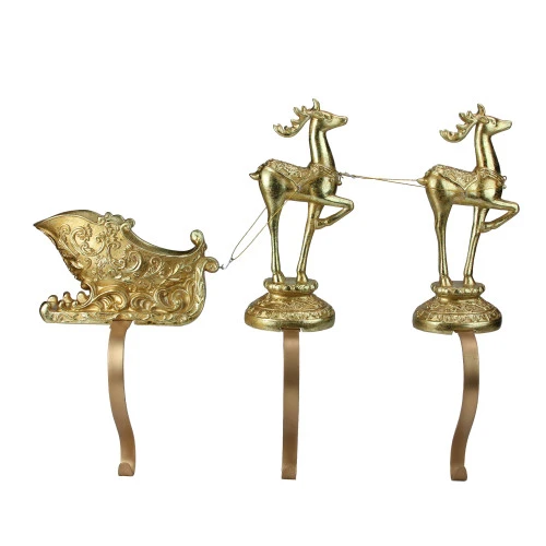 Roman 3-Piece Gold Weathered Reindeer And Sleigh Christmas Stocking Holder 1 Roman 3-Piece Gold Weathered Reindeer And Sleigh Christmas Stocking Holder