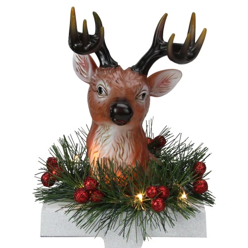 Roman 8" LED Lighted Reindeer And Holly Berry Christmas Stocking Holder 1 Roman 8" LED Lighted Reindeer And Holly Berry Christmas Stocking Holder