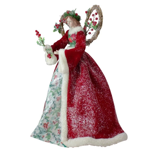Roman Set Of 2 Beige And Red Holly Floral Dress Angel Christmas Tree Toppers 17" 2 Roman Set Of 2 Beige And Red Holly Floral Dress Angel Christmas Tree Toppers 17" - Image 2