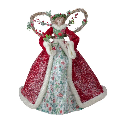 Roman Set Of 2 Beige And Red Holly Floral Dress Angel Christmas Tree Toppers 17" 1 Roman Set Of 2 Beige And Red Holly Floral Dress Angel Christmas Tree Toppers 17"