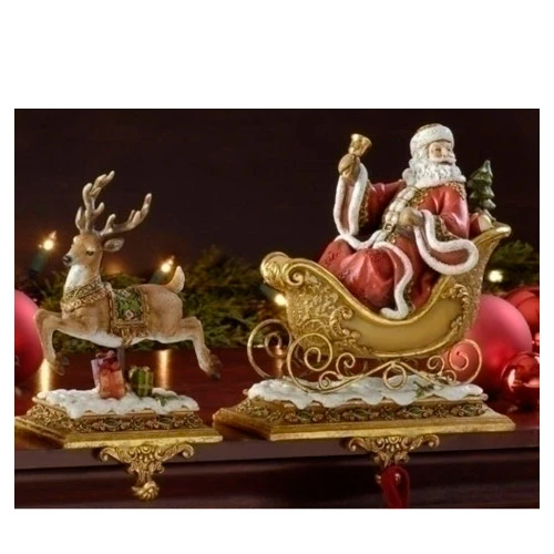 Roman Set Of 2 Brown And Red Santa Claus With Reindeer Christmas Stocking Holders 9.5" 1 Roman Set Of 2 Brown And Red Santa Claus With Reindeer Christmas Stocking Holders 9.5"