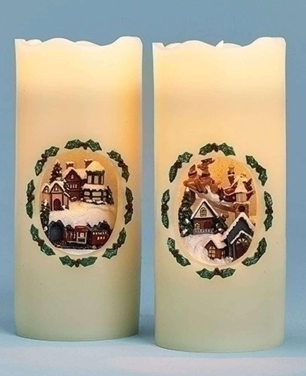 Roman 7" White And Green Santa's Train Station LED Lighted Christmas Pillar Candle 1 Roman 7" White And Green Santa's Train Station LED Lighted Christmas Pillar Candle