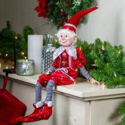 20" Silver And Red Velvet Stardust Elf With Jingle Bells