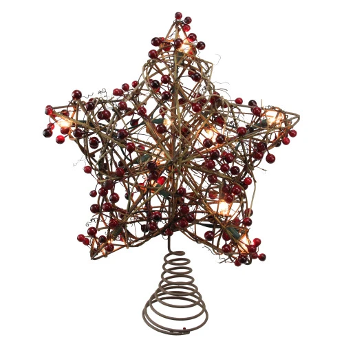 Northlight 13.5" Brown Rattan With Red Berries Star Christmas Tree Topper - Clear Lights 1 Northlight 13.5" Brown Rattan With Red Berries Star Christmas Tree Topper - Clear Lights
