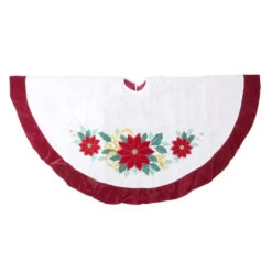48" Ivory And Red Poinsettia Christmas Tree Skirt With Beads