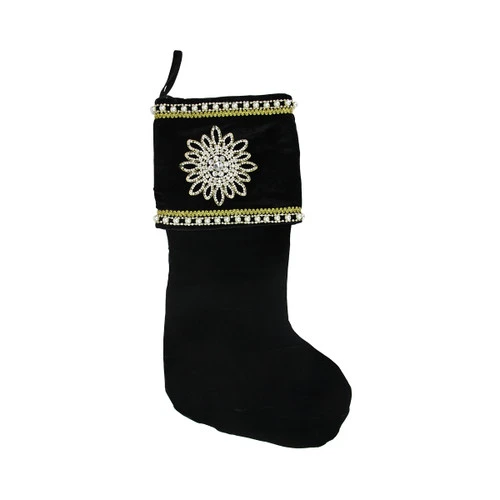 22" Black And Gold Trimmed Jewel Christmas Stocking 1 22" Black And Gold Trimmed Jewel Christmas Stocking