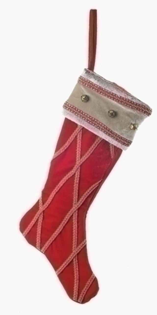 Roman 26" Red And Beige Embroidered Jingle Bell Christmas Stocking 1 Roman 26" Red And Beige Embroidered Jingle Bell Christmas Stocking